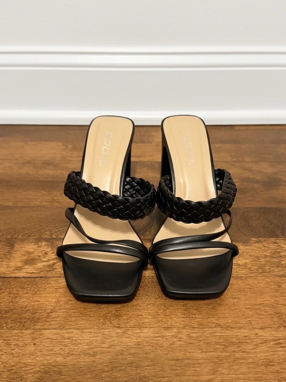 Soda Black Braided Heels Size 6.5